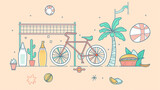 Fototapeta Big Ben - Tropical summer illustration with beach essentials and bicycle