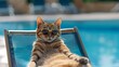 A cat in sunglasses by the pool the cat is resting on vacation lying on a sun lounger by the pool sunbathing in sunglasses