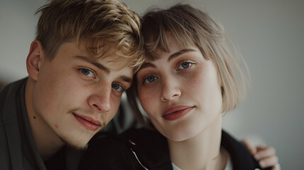 Wall Mural - Portrait of a young scandinavian beautiful couple in love , with modern nordic caucasian man and young european scandinavian woman closeup view showing details of their face