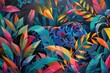 A vibrant and prismatic portrayal of panther forms prowling through the tropical foliage, their sleek and colorful presence adding a dynamic energy