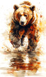 Digital painting of a brown bear in water with splashes and stains.