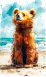 Digital painting of a brown bear on the bech.