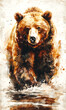 Digital painting of a brown bear in water with splashes and stains.