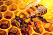 Cartoon Caricature of a Bee.  Generated Image.  A digital illustration of a cartoon caricature of a bee on a honeycomb.