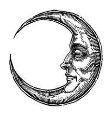 crescent moon face head engraving black and white outline