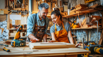 Wall Mural - A young woman talking to the carpenter while standing next to him