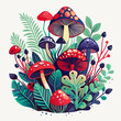 Vibrant Vector Illustration of Exotic Mushrooms Amidst Lush Foliage