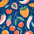 Vibrant Fruit Pattern on Blue Background: Summer Illustration