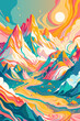 Surreal Landscape with Colorful Mountains and Swirling Sky