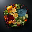 Fruits and vegetables in the form of a circle on a black background