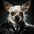 portrait of a cute chihuahua in leather jacket on a dark background