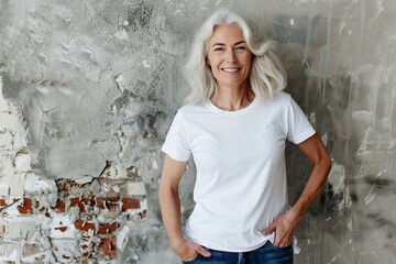 Wall Mural - Happy middle-aged woman wearing white blank t-shirt, copy space for logo or text, mockup for design