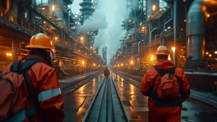 Wall Mural - Two engineer men wearing hard hats and orange hi-vis clothing at an aluminum refinery, sun flare