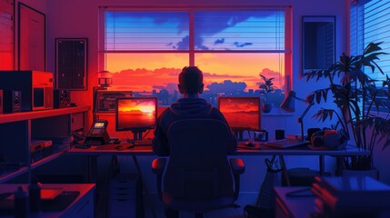 a man is sitting on his computer at his office