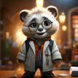 Funny panda with glasses in the cafe. 3d rendering