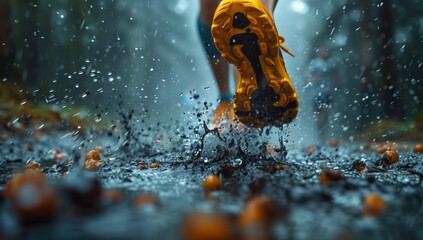 Wall Mural - Person splashing through liquid art in a puddle, creating a mesmerizing event