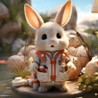Easter bunny with a basket of eggs. 3D illustration.