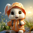 Cute little white rabbit in a orange helmet and a jacket sits on the grass