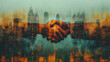 Double exposure of businessman and businesswoman handshake on stock market graph background and New York downtown. Concept financial transaction and deal processing.