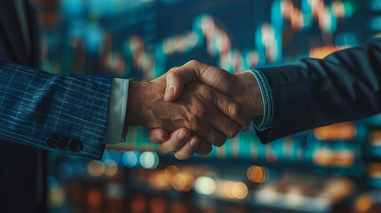 Double exposure of businessman and businesswoman handshake on stock market graph background and New York downtown. Concept financial transaction and deal processing.