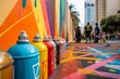 Colorful Street Art Creation in Progress, Spray Paint Cans in Foreground, City Environment - Artistic Expression, Urban Revitalization, Youth Culture