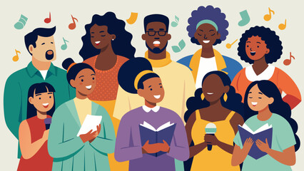 Wall Mural - From moving spirituals to lively anthems the community choir festival for Juneteenth is a testament to the enduring power of music in bringing people. Vector illustration