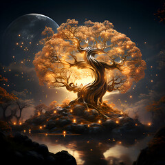 Wall Mural - Fantasy landscape with tree and full moon. 3d illustration.