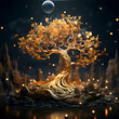 3d illustration of fantasy landscape with golden tree. planet and moon