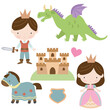 Cute medieval princess, prince and dragon set vector cartoon illustration