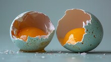 Two Broken Blue Egg Shells With Yellow Yolks On A Blue Background.