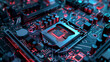 A close-up of a computer's motherboard with red lights. Concept of technology and innovation, as well as the complexity of modern computer systems