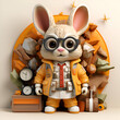 3d illustration of a cute cartoon rabbit with suitcases and glasses