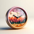 3d illustration of a clock with mountains and trees in the background