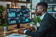 African finance analyst using computer data screen technology