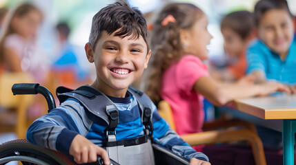 Wall Mural - A smiling boy in his wheelchair is sitting at the table with other children 