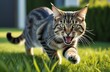 © Anna - Adult striped cat walks on the green grass, an angry and aggressive animal hisses with its mouth open at the camera, anger and anxiety, the instinct of protection