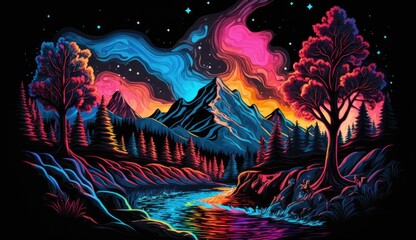 Wall Mural - a closeup abstract landscape with glowing trees, mountains, and rivers, set against a dark, starry sky, neon-inspired design of a colorful, AI Generative