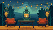 Nostalgic Atmosphere The nostalgic atmosphere of the event is enhanced by vintage lanterns and string lights hanging above the seating area.. Vector illustration