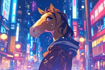 Wall Mural - cute cartoon horse with colorful city lights in the background