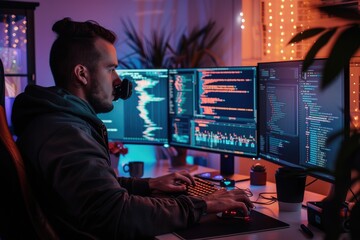 side view of professional software developer coding program or engineering prompt. skilled programme