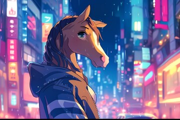 Wall Mural - cute cartoon horse with colorful city lights in the background
