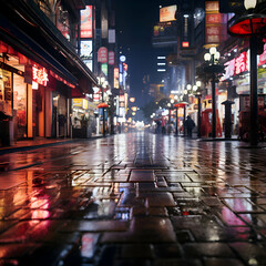 Wall Mural - Night city street with illuminated buildings