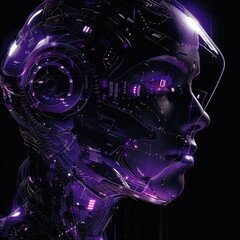 Wall Mural - A photography sleek and stylish a futuristic touch, featuring a holographic image of a robot face, with a color scheme of black and purple, AI Generative