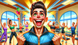 Colorful caricature of a fitness trainer in a gym, radiating joy . Cartoon Professions