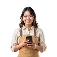 hand holding smart phone young woman in apron smiling looking at camera on transparency background PNG
