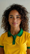 Portrait of a woman dressed in a Brazil flag colors shirt. Generative AI image.