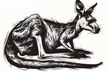 Woodcut Style Digital Illustration Of A Resting Kangaroo In High Contrast Black And White