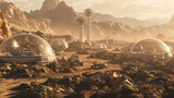 Fototapeta  - a Mars colony settlement, showcasing habitat domes, rovers, and human activity on the Red Planet. 