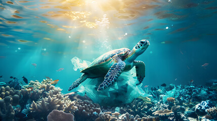 Wall Mural - A turtle is stuck in plastic underwater. against the backdrop of a coral reef and sunlight illuminating the water. The sea creature is depicted in its natural habitat 