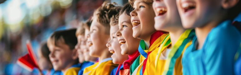 Group of happy children watching together a sports event in the stadium
